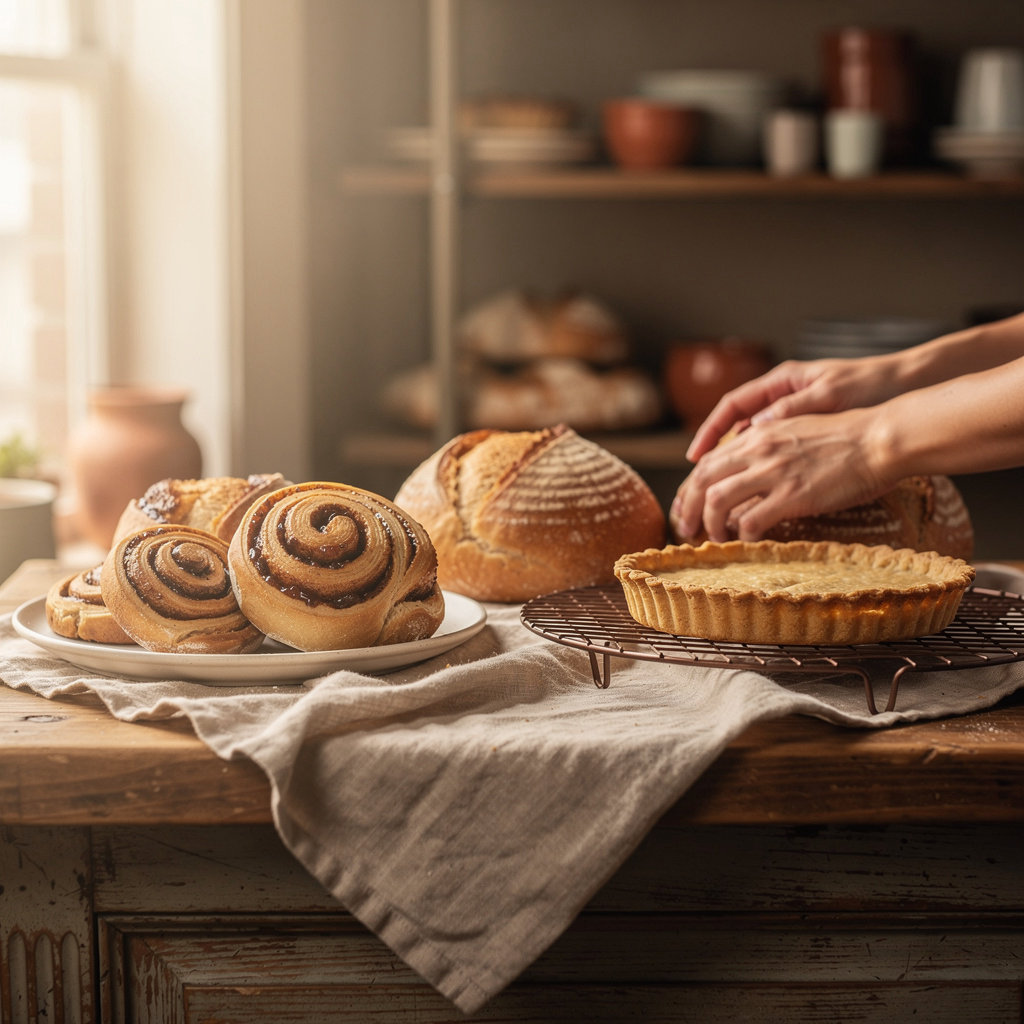 Golden Rye Bakery & Cafe family bakery in the Short North, Columbus OH, with warm rustic loaves of sourdough on a wooden table in soft morning light