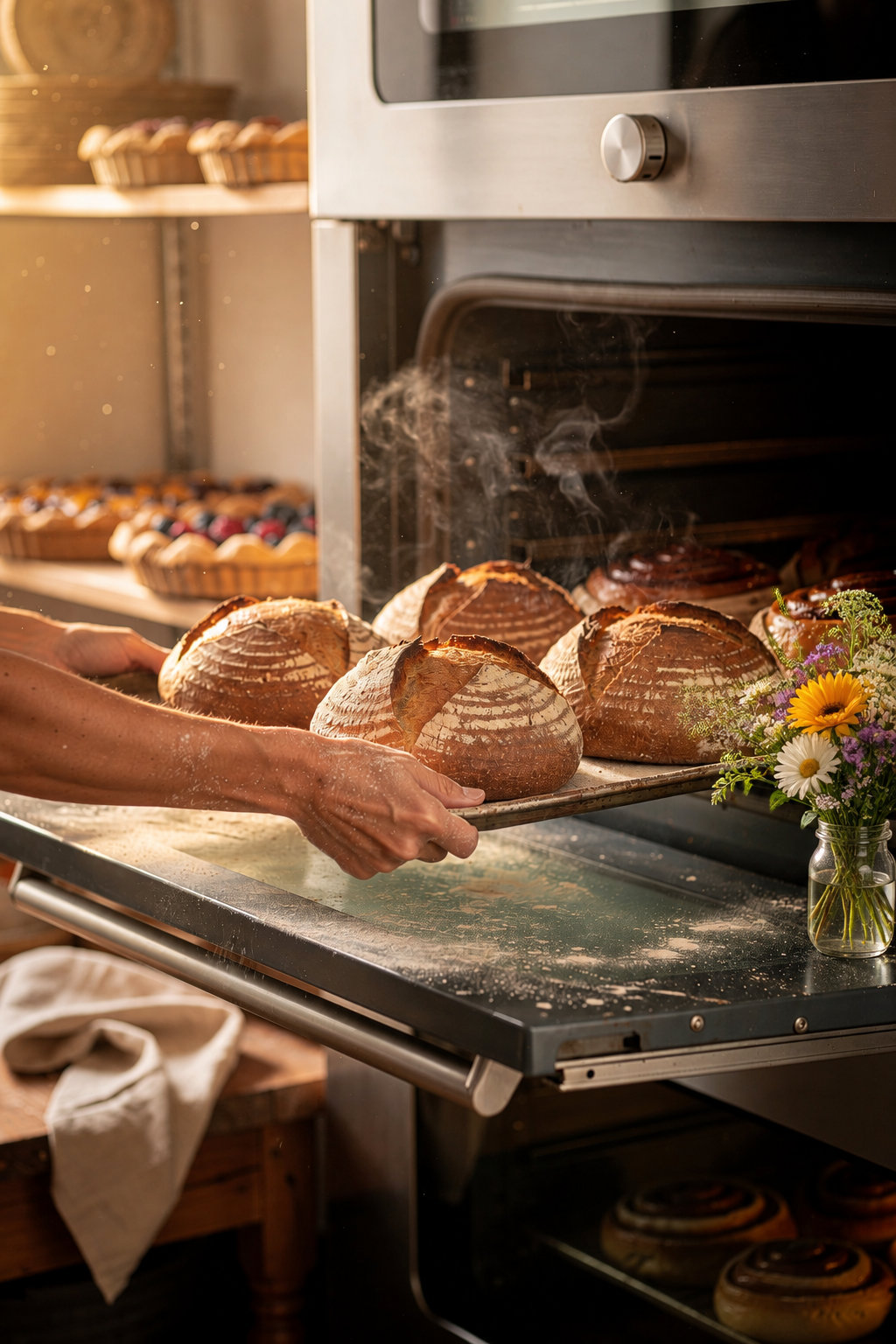 Golden Rye Bakery & Cafe fresh-baked sourdough loaves and cinnamon rolls in warm morning light, a walk-in bakery in Short North Columbus
