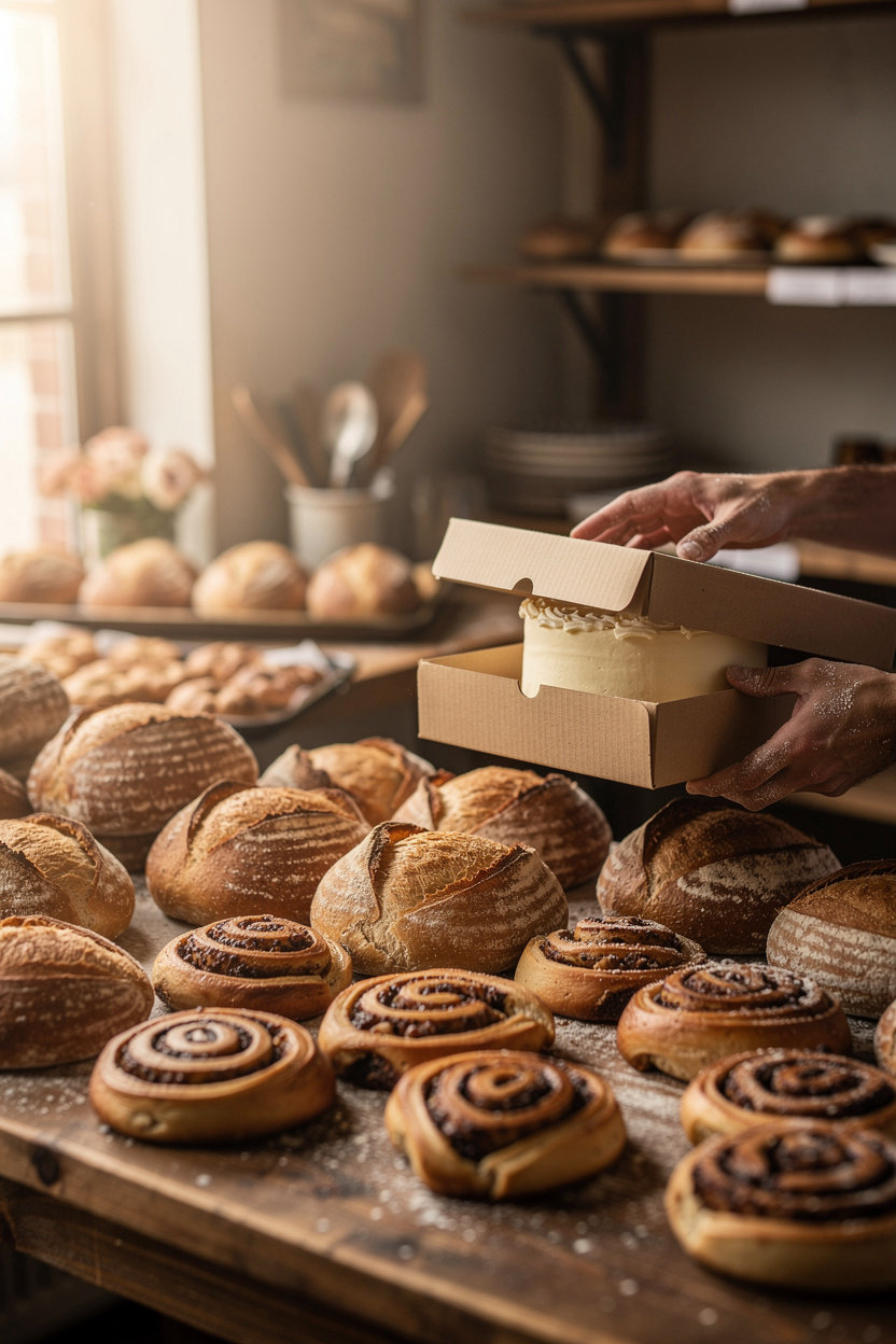 Golden Rye Bakery & Cafe rustic counter with fresh sourdough loaves and cinnamon rolls in warm morning light in Short North, Columbus