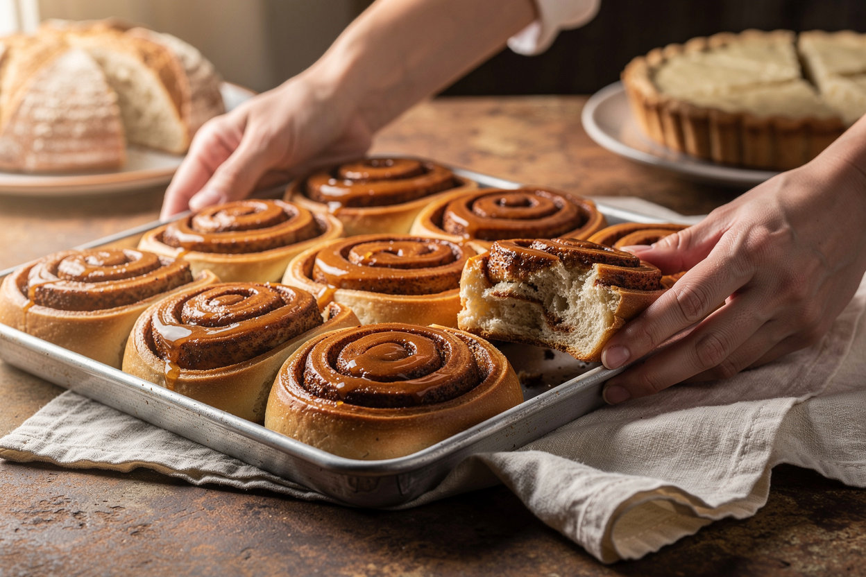 Golden Rye Bakery & Cafe fresh cinnamon rolls and rustic sourdough loaves on a warm wooden counter in Short North, Columbus