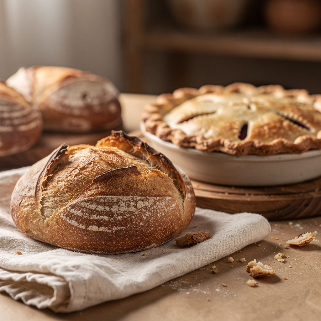 Golden Rye Bakery & Cafe rustic sourdough loaves and seasonal pies on a wooden counter in Short North, Columbus, OH