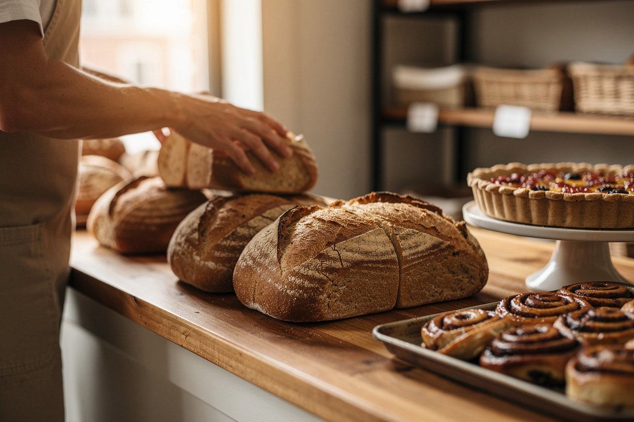 Golden Rye Bakery & Cafe warm bakery counter in Short North Columbus OH with fresh sourdough loaves and cinnamon rolls in morning light
